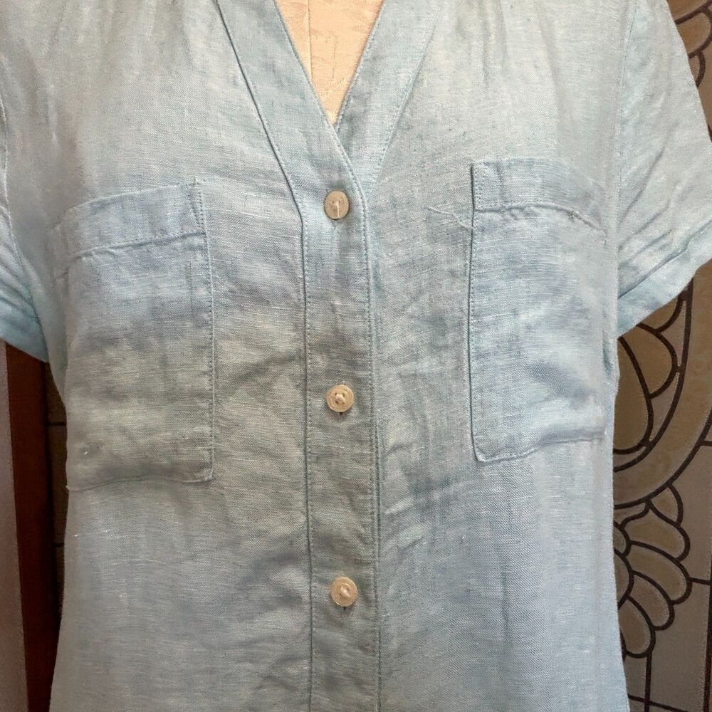 Pure Navy Linen Teal Button Down Midi Shirt Dress Pockets Beachy Coastal Size S - Picture 8 of 14